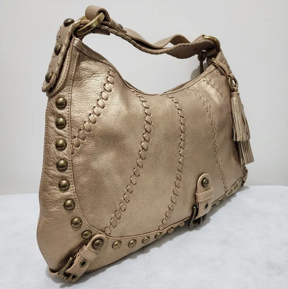 Isabella Fiore Whisplash Audra Studded Gold Leather Hobo Bag